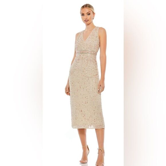 Mac Duggal Sleeveless V-Neck Sequined Midi Sheath Dress Nude Women's Size 4 - Picture 1 of 12